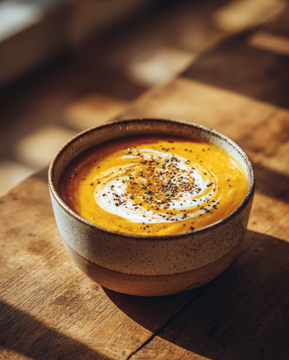 Roasted butternut squash soup with cream and pumpkin seeds