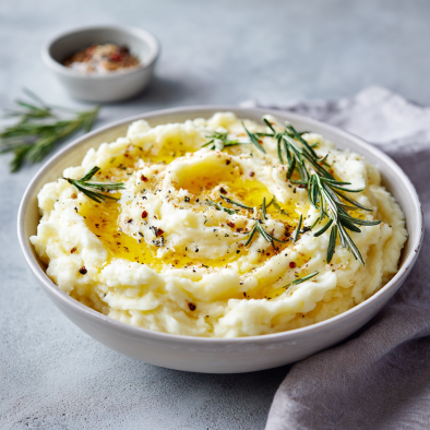 Rosemary garlic mashed potatoes topped with butter and herbs