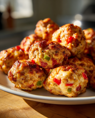 Rotel cream cheese sausage balls with golden crust and colorful peppers on a white plate