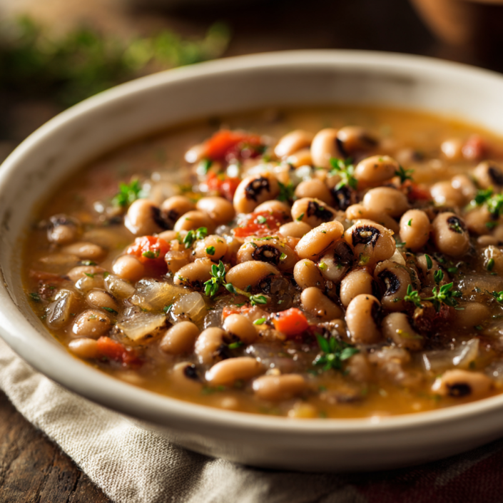 Southern black-eyed peas in a savory broth with onions and seasonings