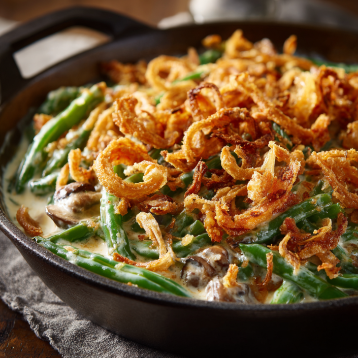 Southern green bean casserole topped with crispy fried onions