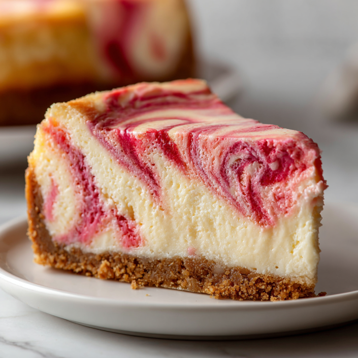 A slice of strawberry swirl cheesecake with pink marbled patterns on a graham cracker crust( holiday desserts).