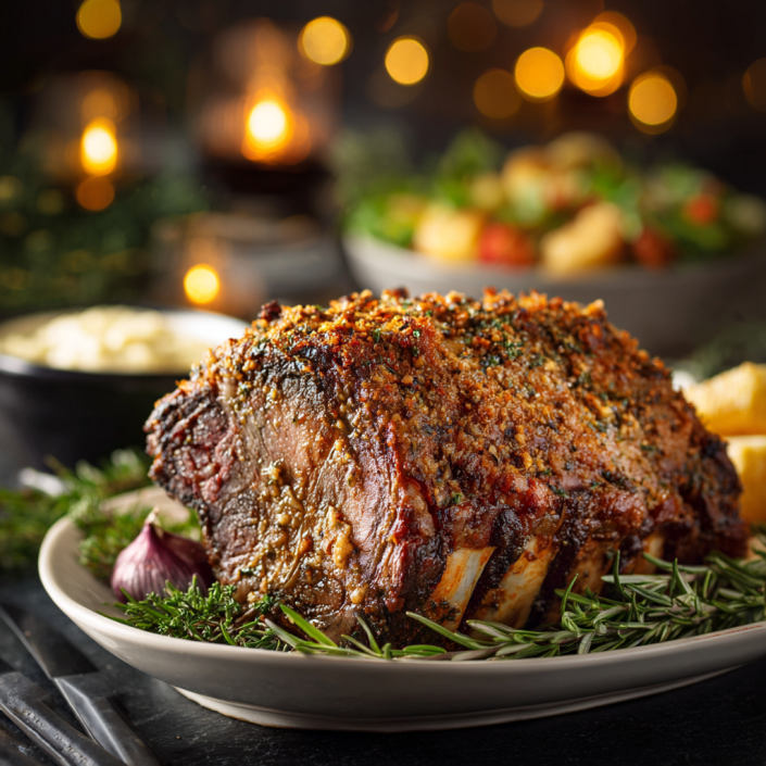 Tasty Christmas prime rib roast on a festive holiday table