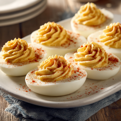 Classic deviled eggs topped with paprika on a white serving platter