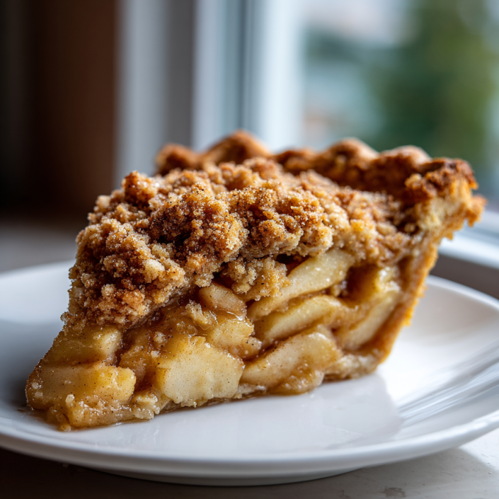A slice of Dutch apple pie with crumb topping on a white plate.