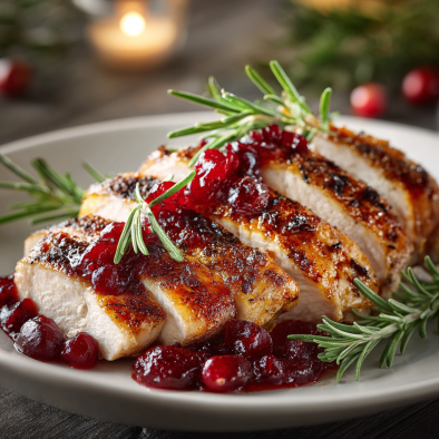 Sliced turkey breast with cranberry-orange sauce and rosemary garnish