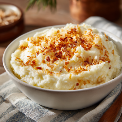 Garlic mashed potatoes topped with roasted garlic in a white bowl
