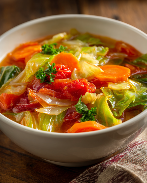 Weight Watchers cabbage soup with fresh vegetables