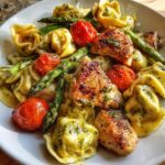 Spring and Summer DINNER: One-Pan Pesto Chicken, Tortellini, and Veggies, Asparagus, Tomatoes