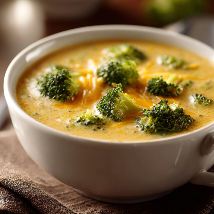 Copycat broccoli cheddar soup with tender broccoli and melted cheese in a creamy broth
