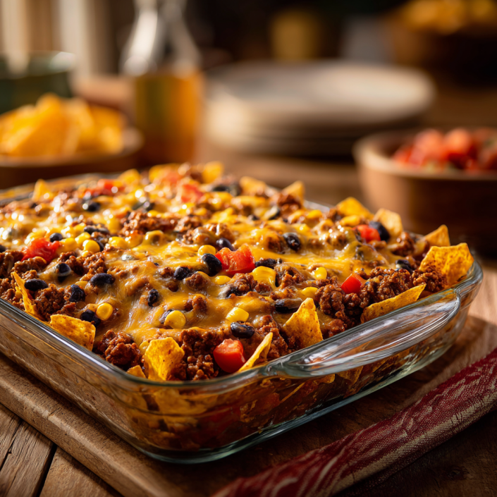 Walking taco casserole family comfort food recipe with meat, chips, and melted cheese