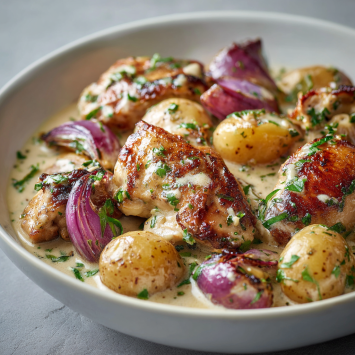 One-pot creamy chicken and potatoes with herbs in a rich sauce