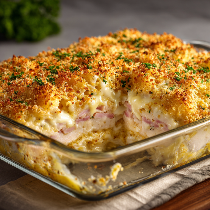 Chicken cordon bleu casserole family comfort food recipe with creamy chicken and cheese