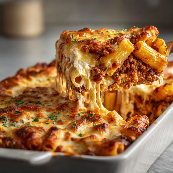 Baked ziti with ricotta, meat sauce, and melted cheese in a baking dish