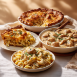 Family comfort dinners featuring creamy soup, baked mac and cheese, chicken pot pie, and chicken noodles
