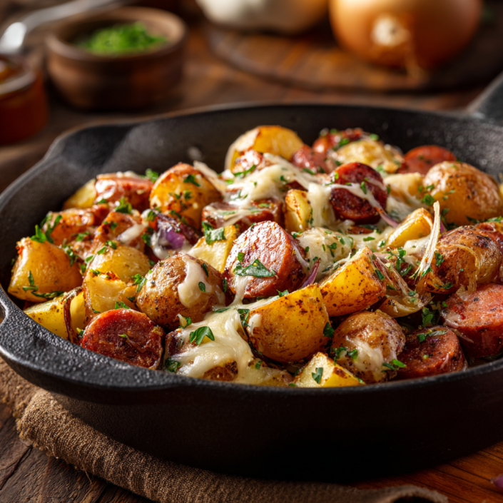 Cheesy ranch potatoes and smoked sausage family comfort food skillet dinner