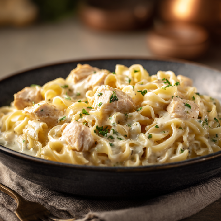 Creamy chicken and noodles with tender chicken pieces and rich sauce