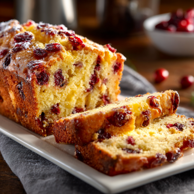 Moist orange cranberry bread slice with visible cranberries on a white plate