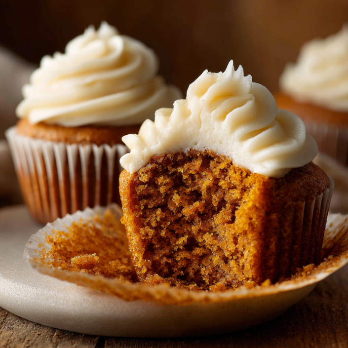 Pumpkin spice cupcakes with cream cheese frosting showing moist crumb and cozy fall texture Cozy Sweet Treats
