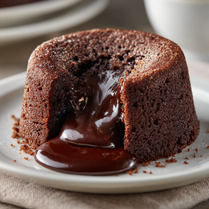 Warm chocolate pudding cake with molten chocolate sauce flowing from the center