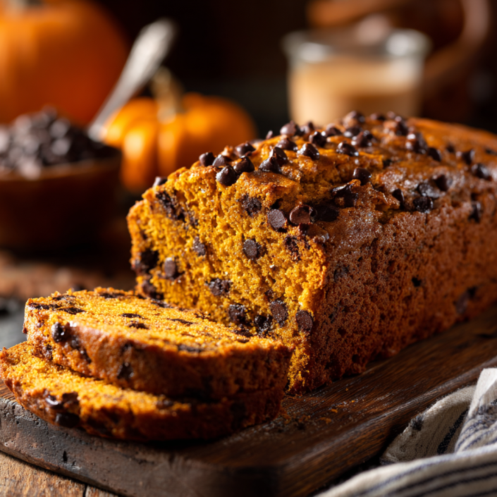 Pumpkin chocolate chip bread showing moist crumb and melted chocolate chips