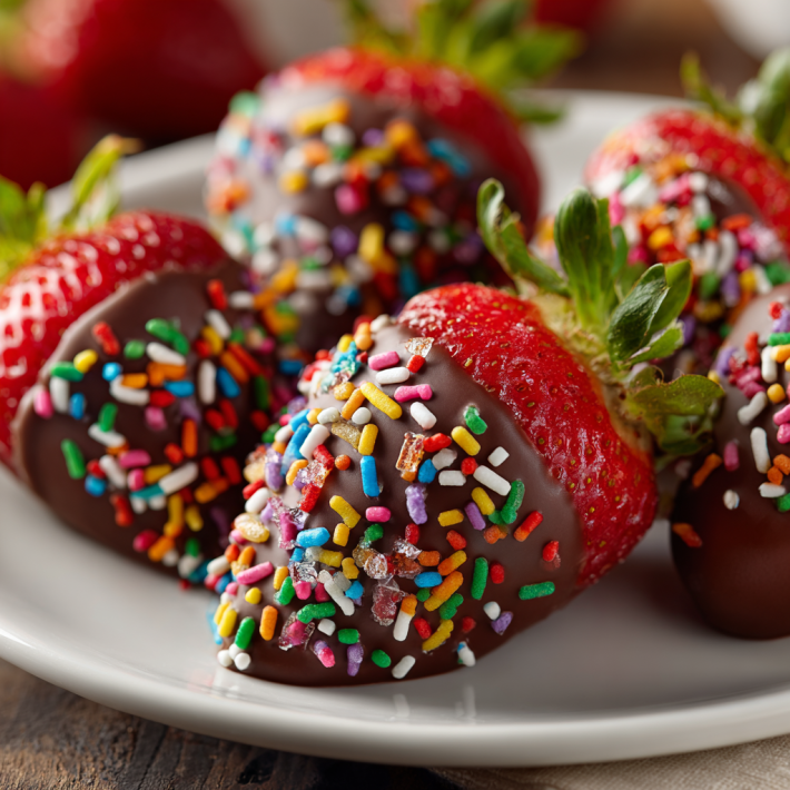 Chocolate covered strawberries decorated with colorful sprinkles on a white plate