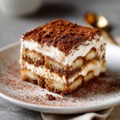 Classic tiramisu slice with mascarpone cream layers and cocoa powder topping