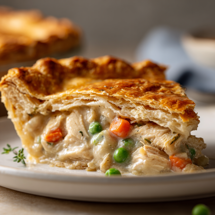 Old-fashioned chicken pot pie with flaky crust and creamy chicken vegetable filling