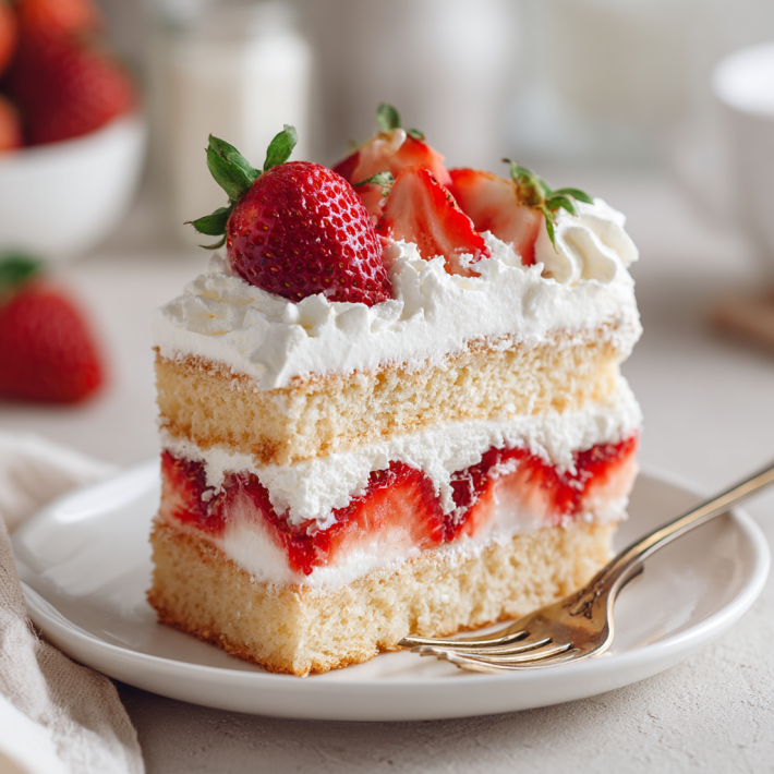 Strawberry shortcake cake slice with fresh strawberries and whipped cream layers