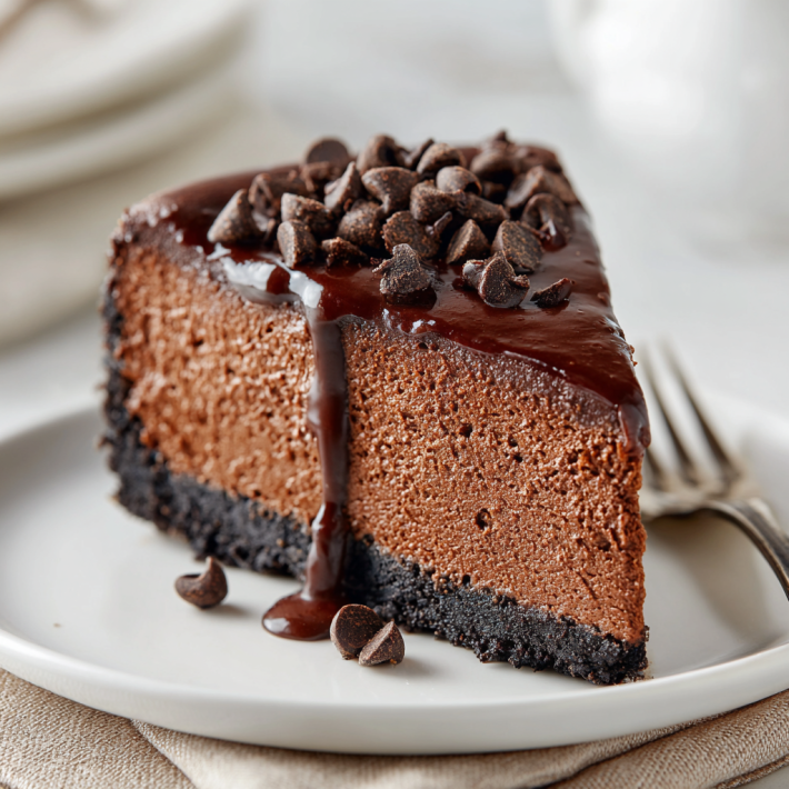 Chocolate cheesecake slice with chocolate ganache topping and cookie crust on a plate