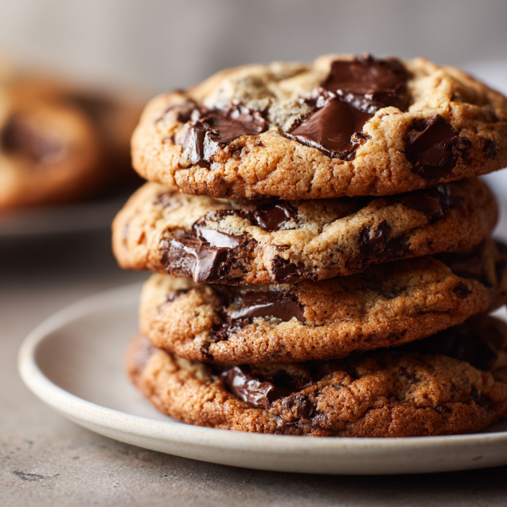 Award-winning chocolate chip cookies with melted chocolate chunks stacked on a plate