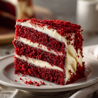 Homemade red velvet cake slice with cream cheese frosting and moist red layers