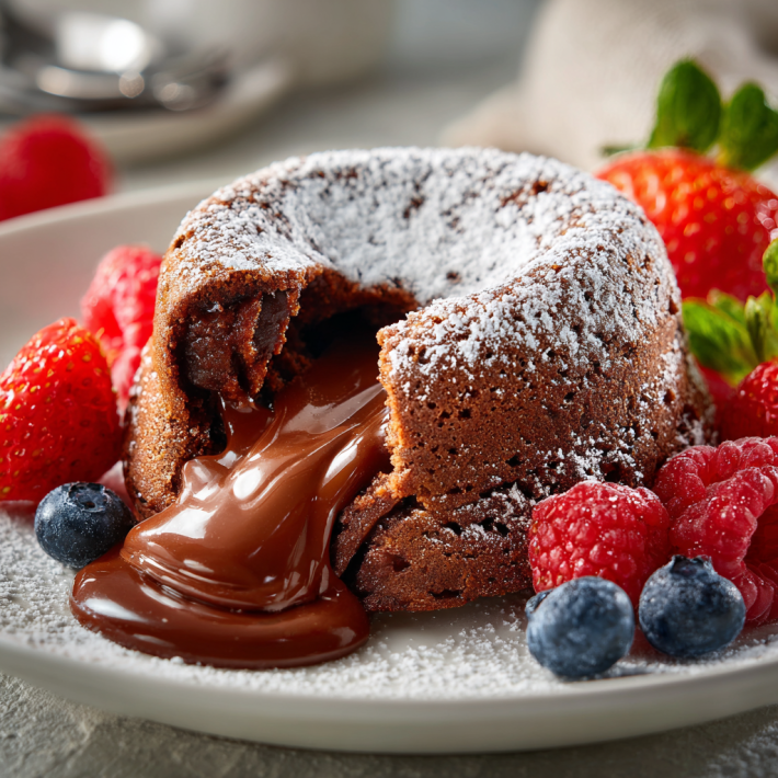 Chocolate lava cake with molten center dusted with powdered sugar and fresh berries