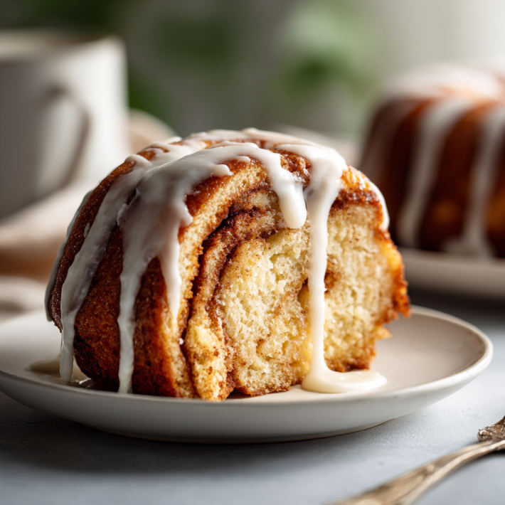Old-fashioned cinnamon roll cake slice with vanilla glaze and soft cinnamon swirl layers