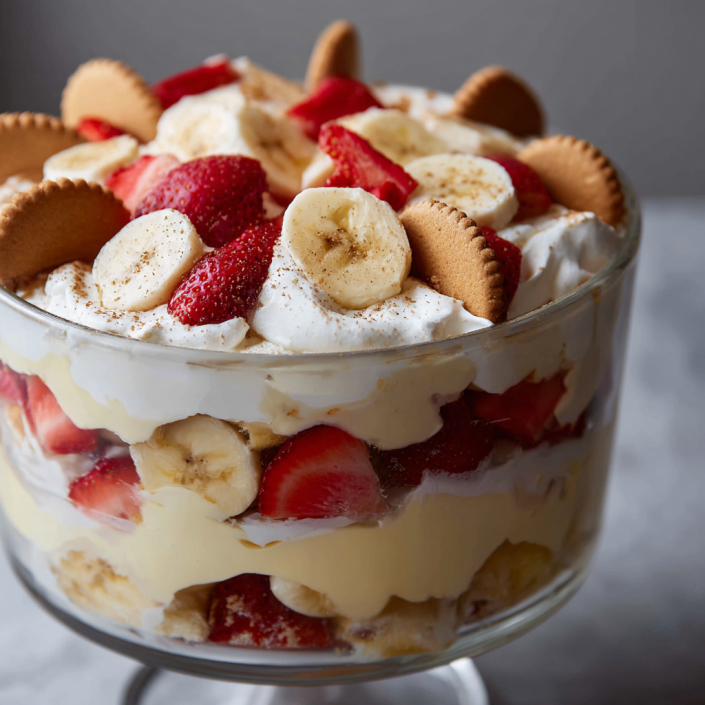 No-bake strawberry banana pudding trifle with creamy layers and fresh fruit