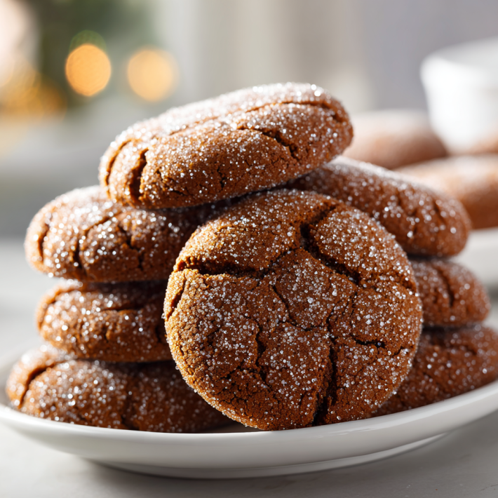 Grandma’s soft molasses cookies stacked on a white plate with crackled sugar tops