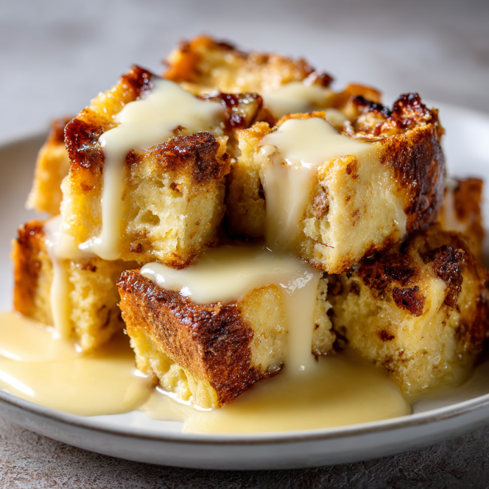 Old-fashioned bread pudding with vanilla sauce served warm on a white plate