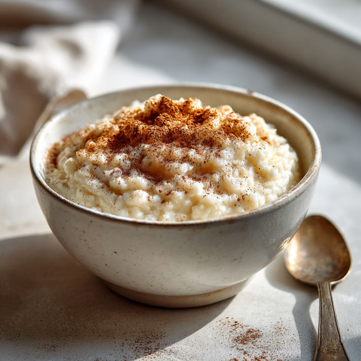 Classic homemade rice pudding topped with cinnamon in a white bowl on a kitchen counter