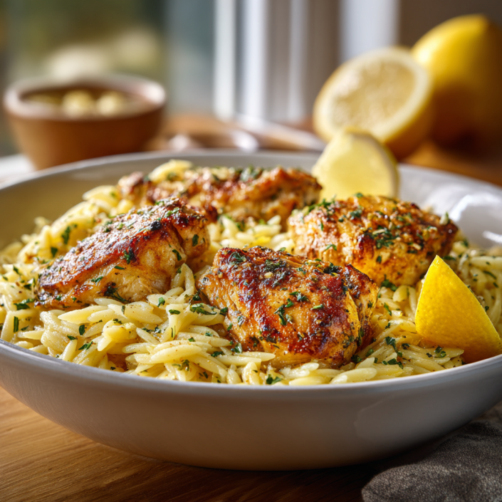 Lemon garlic chicken orzo family comfort food recipe made in a skillet