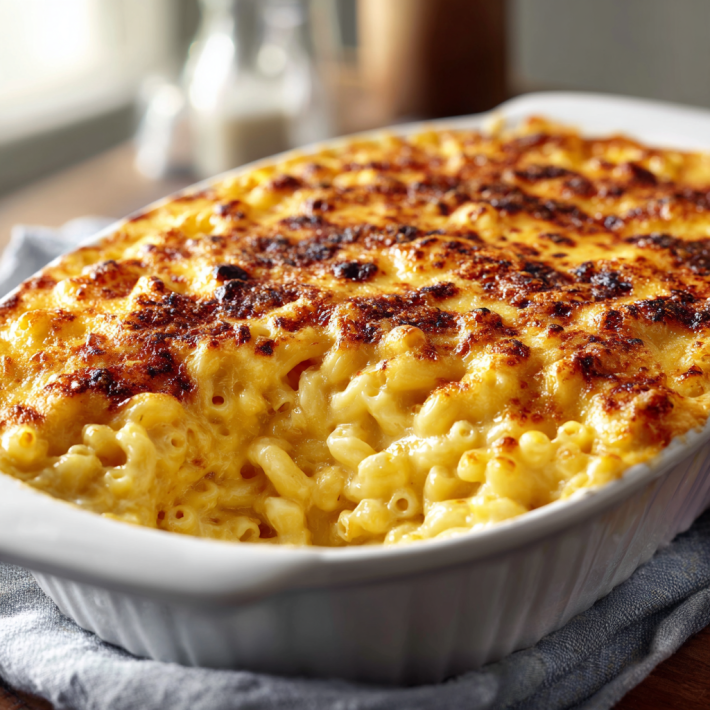Creamy baked mac and cheese with golden cheese crust and tender pasta