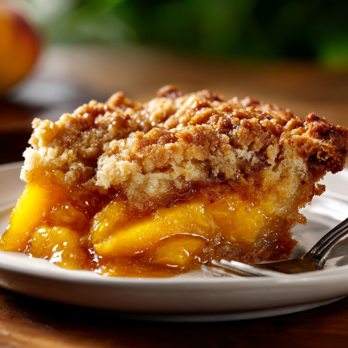 Grandma’s old-fashioned peach cobbler with juicy peach filling and golden crust on a plate