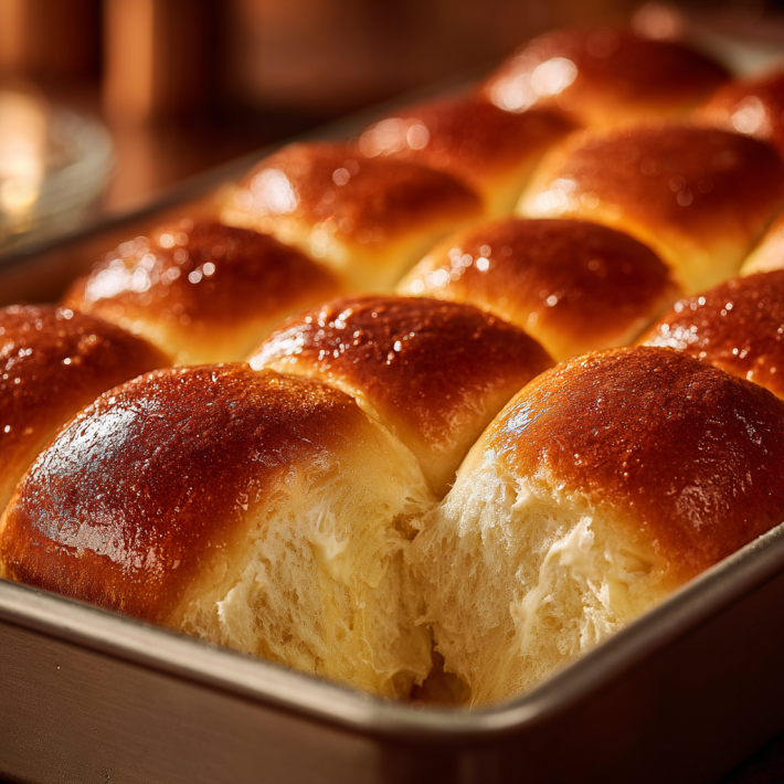 Copycat Texas Roadhouse butter rolls with glossy golden tops and soft fluffy interior in a baking pan