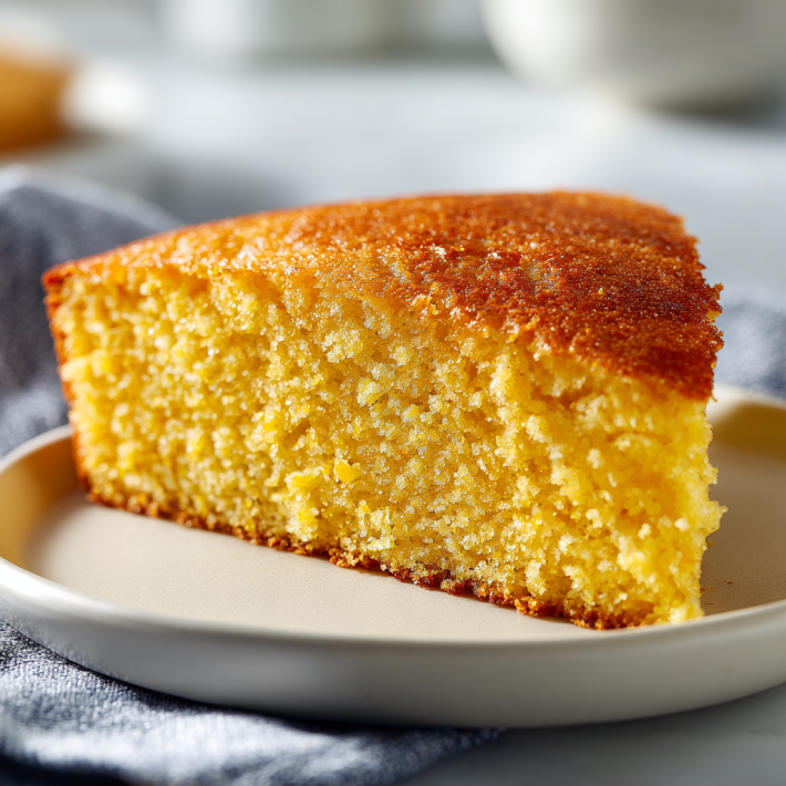 Copycat Cracker Barrel sweet cornbread slice with moist crumb and golden crust on a white plate cozy baking