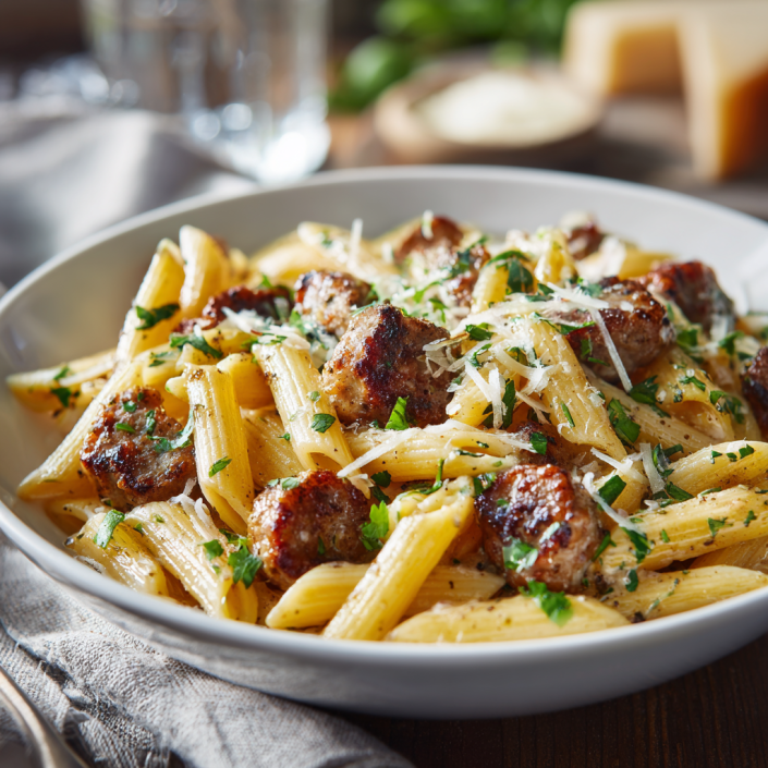 Garlic butter sausage pasta family comfort food recipe with penne and browned sausage