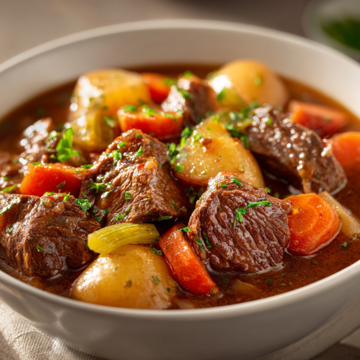 Slow cooker beef stew with tender beef, potatoes, carrots, and rich broth