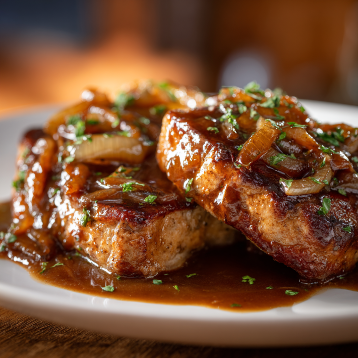 Southern smothered pork chops with onion gravy on a white plate