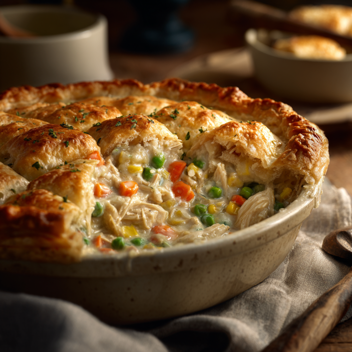 Chicken pot pie casserole family comfort food recipe with creamy chicken and vegetables