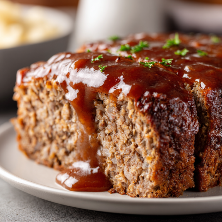 Classic meatloaf with brown gravy served on a white plate