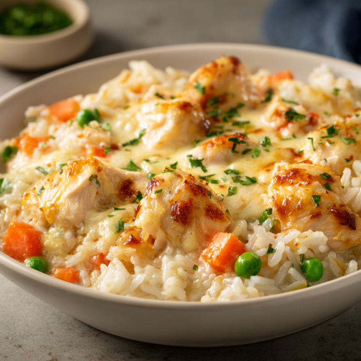Baked chicken and rice casserole with creamy sauce, vegetables, and melted cheese