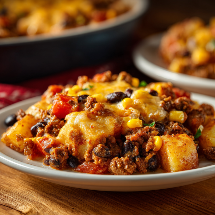 Taco meat and potato bake family comfort food recipe with cheese and potatoes